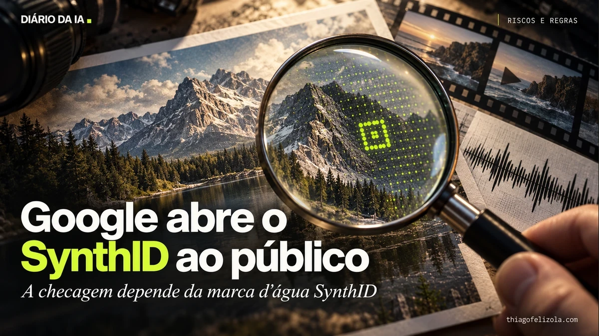 Google abre o SynthID ao público. Ilustração editorial: Lente revelando uma marca d’água digital sobre uma paisagem, com áudio e vídeo ao redor.