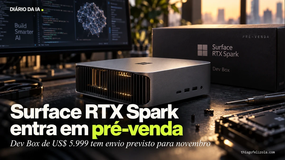 Surface RTX Spark entra em pré-venda. Ilustração editorial: Computador compacto conceitual numa bancada de desenvolvimento, ao lado da caixa de pré-venda.