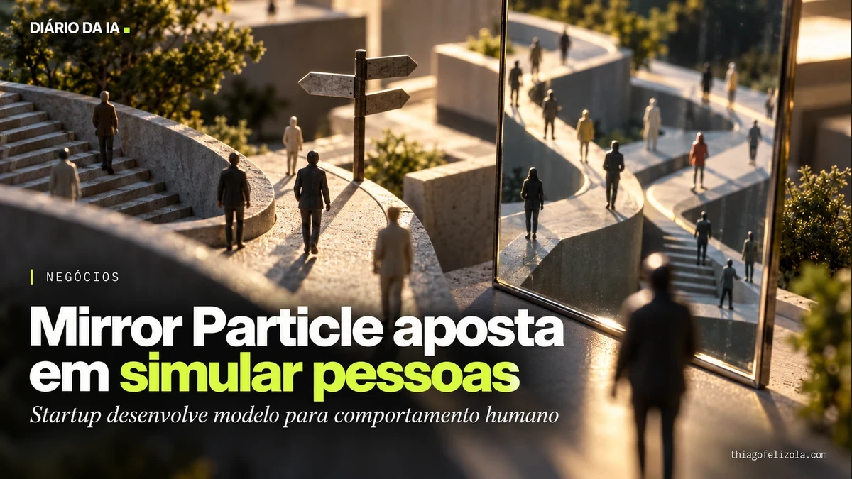 Mirror Particle aposta em simular pessoas. Ilustração editorial: Maquete com pequenas figuras humanas, caminhos alternativos e um espelho.