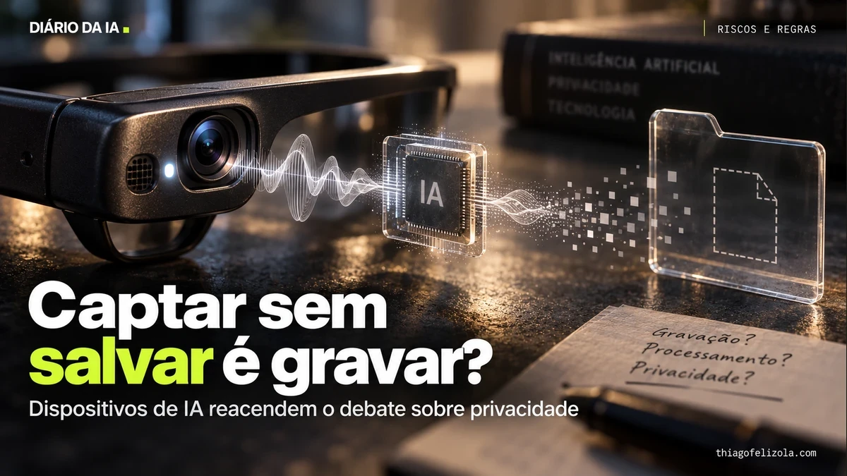 Captar sem salvar é gravar?. Ilustração editorial: Wearable capta áudio e vídeo, processa sinais e os dissipa antes de um arquivo vazio.