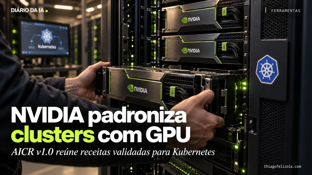NVIDIA padroniza clusters com GPU. Ilustração editorial: Módulos de GPU Nvidia sendo encaixados num rack com símbolo Kubernetes.