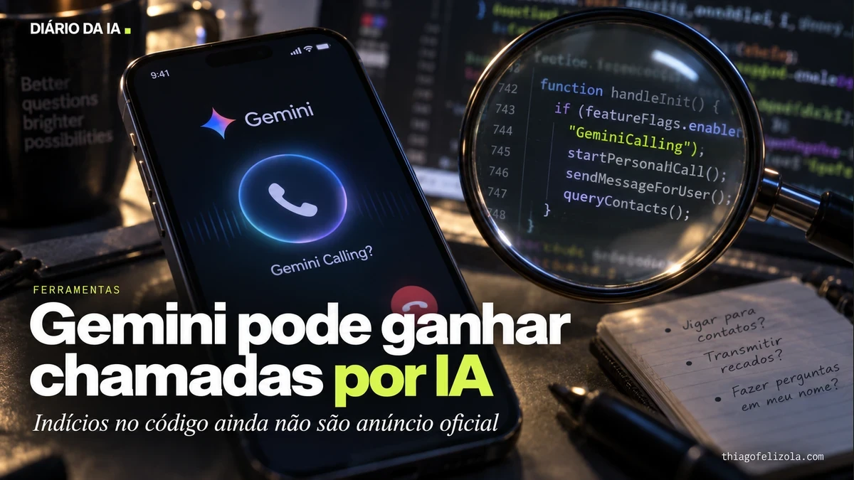 Gemini pode ganhar chamadas por IA. Ilustração editorial: Telefone com símbolo Gemini e chamada conceitual, ao lado de uma lupa sobre código.