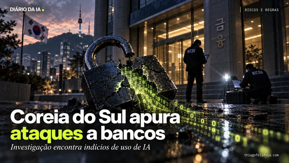 Coreia do Sul apura ataques a bancos. Ilustração editorial: Cadeado quebrado e investigação digital diante de uma fachada bancária conceitual em Seul.
