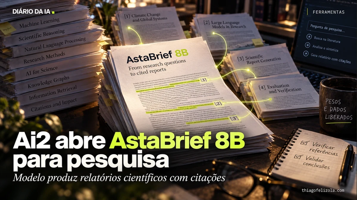 Ai2 abre AstaBrief 8B para pesquisa. Ilustração editorial: Relatório AstaBrief 8B conectado a artigos científicos e suas referências.