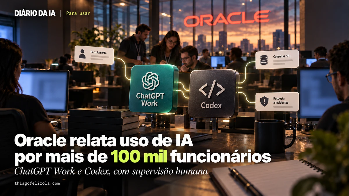 Ilustração de equipes da Oracle supervisionando fluxos de recrutamento e dados com ChatGPT Work e Codex.