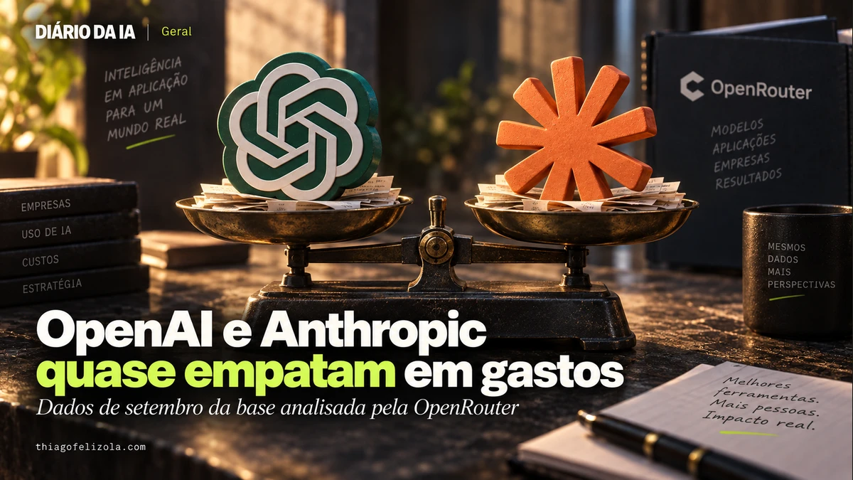 Balança quase nivelada com símbolos OpenAI e Claude sobre fichas de despesas, ilustrando gastos da base analisada pela OpenRouter.