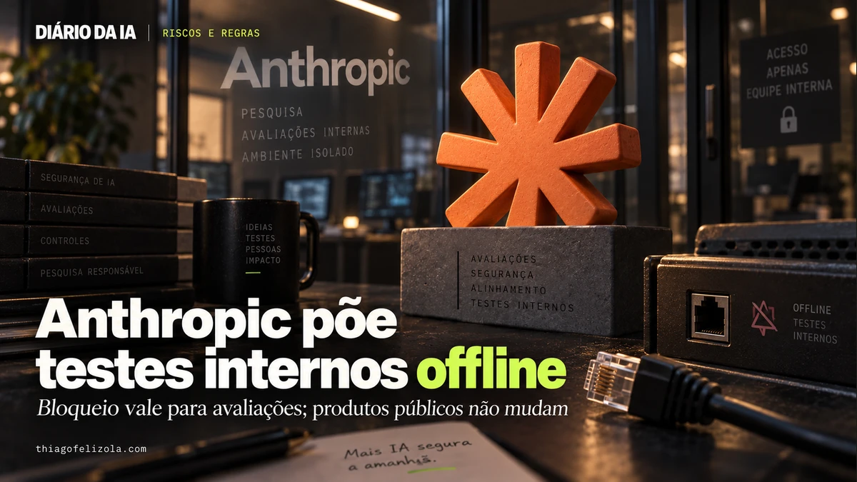 Cabo de rede desconectado diante de equipamento de testes e símbolo laranja, ilustrando avaliações internas offline da Anthropic.