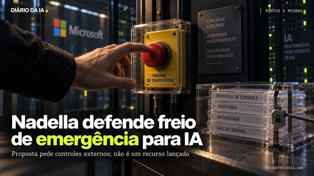 Mão próxima a um botão de pausa externo a um rack de IA, com registros selados ao lado, representa a proposta de Nadella.