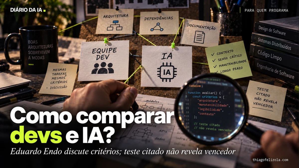Mãos organizam cartões de arquitetura e documentação de software ao lado das etiquetas Equipe e IA, sem placar de desempenho.
