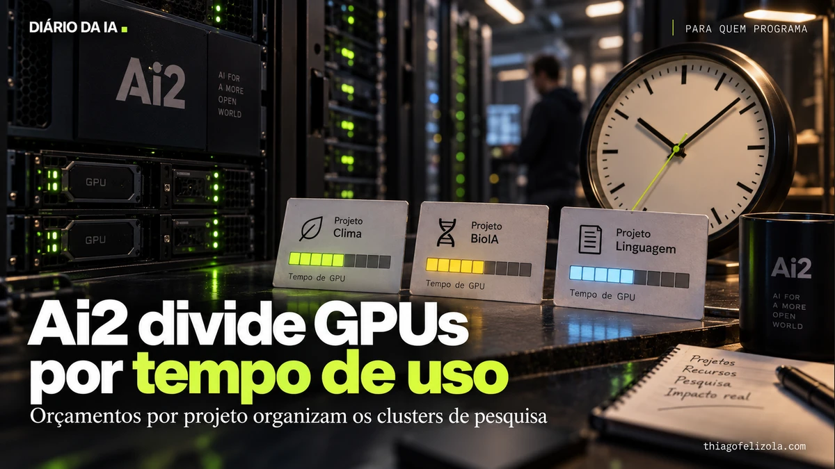 Racks de GPUs e fichas de projetos junto a um relógio representam a divisão de tempo computacional nos clusters da Ai2.