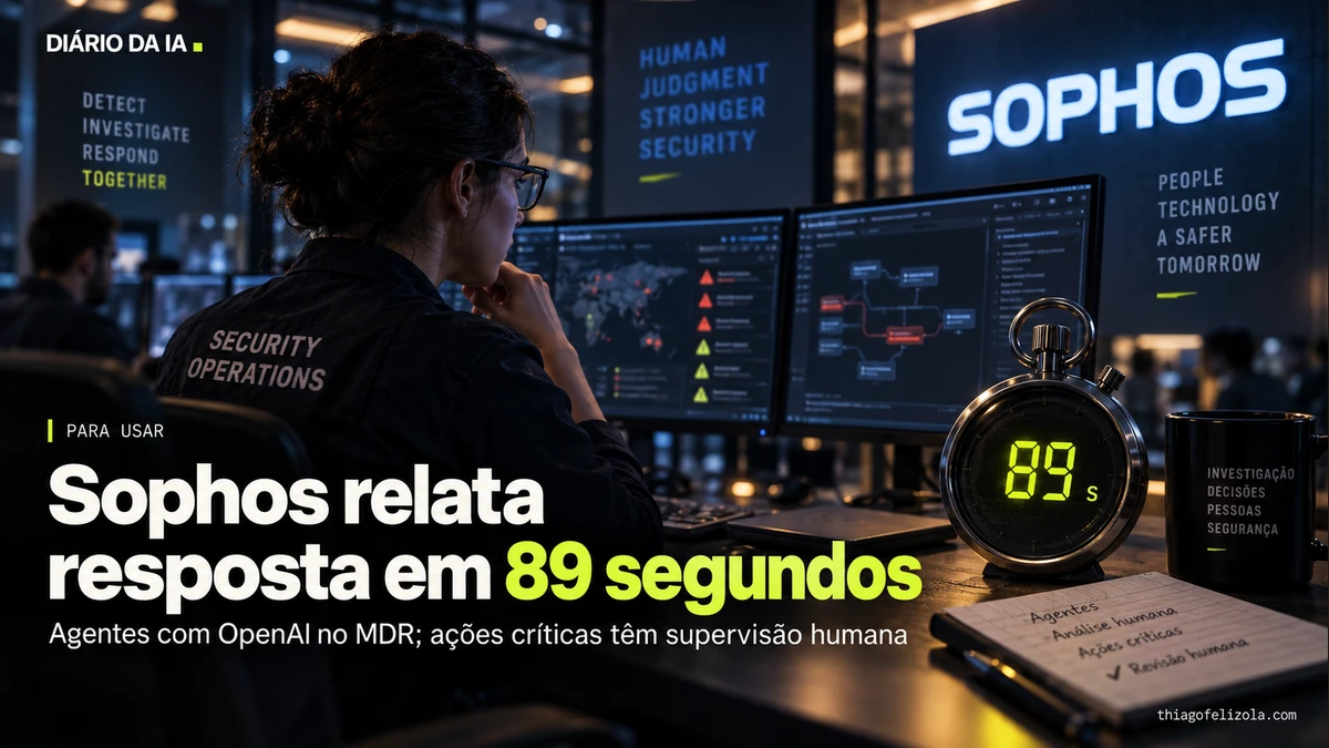 Analista revisa alertas em um centro de segurança ao lado de cronômetro de 89 segundos, ilustrando agentes no Sophos MDR.