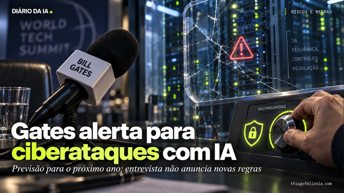 Microfone identificado com Bill Gates diante de servidores e escudo de proteção simboliza seu alerta sobre ciberataques com IA.