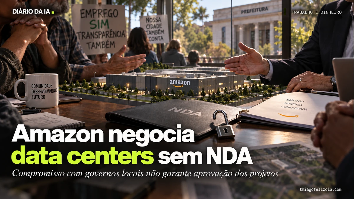Representantes abrem documentos ao lado de maquete de data center e cadeado aberto, ilustrando negociações da Amazon sem NDA.