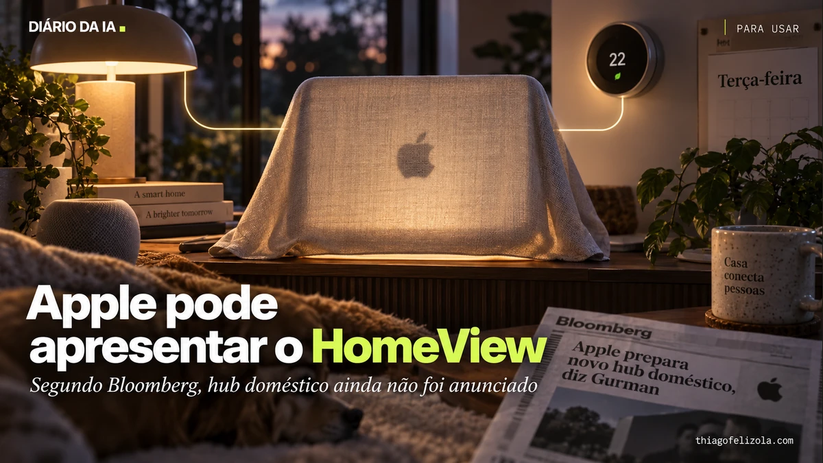 Tela doméstica coberta por tecido e conexões simbólicas com iluminação representam a previsão de um hub HomeView da Apple.