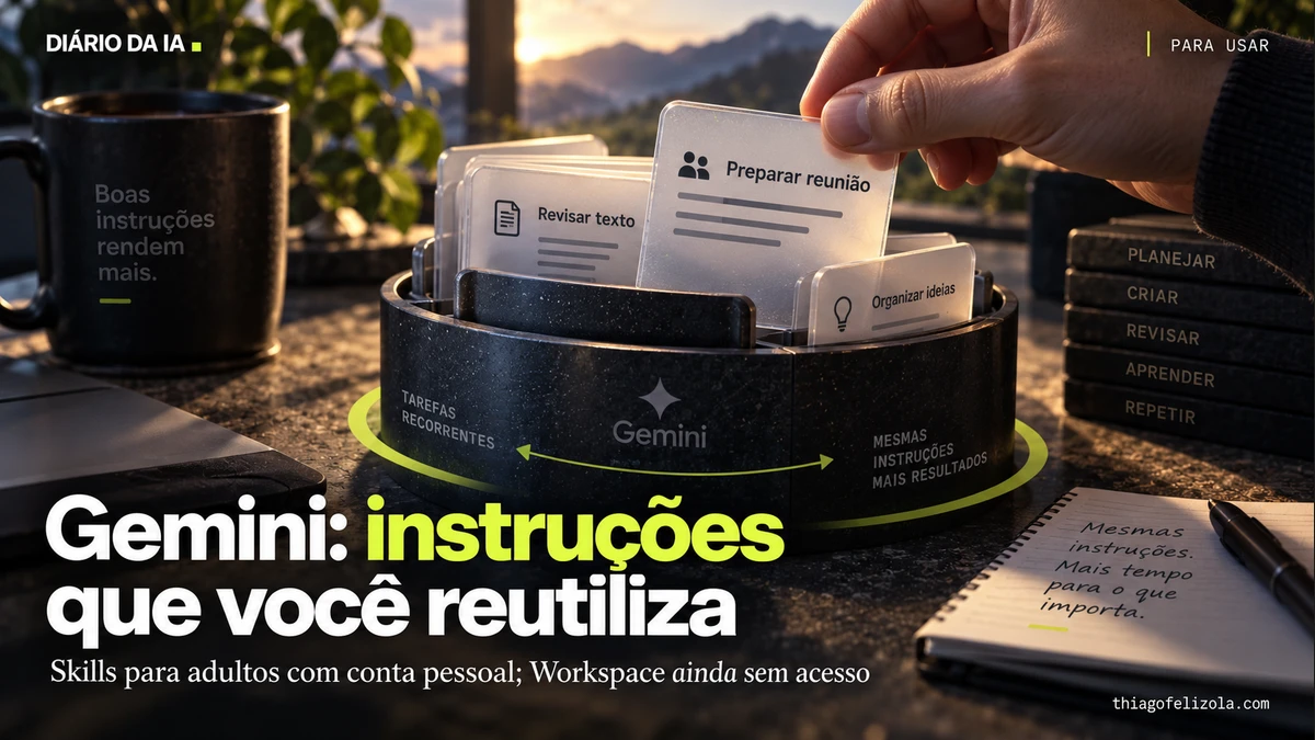Mão reutiliza cartões de revisão de texto e preparação de reunião em um organizador Gemini, ilustrando habilidades para tarefas recorrentes.