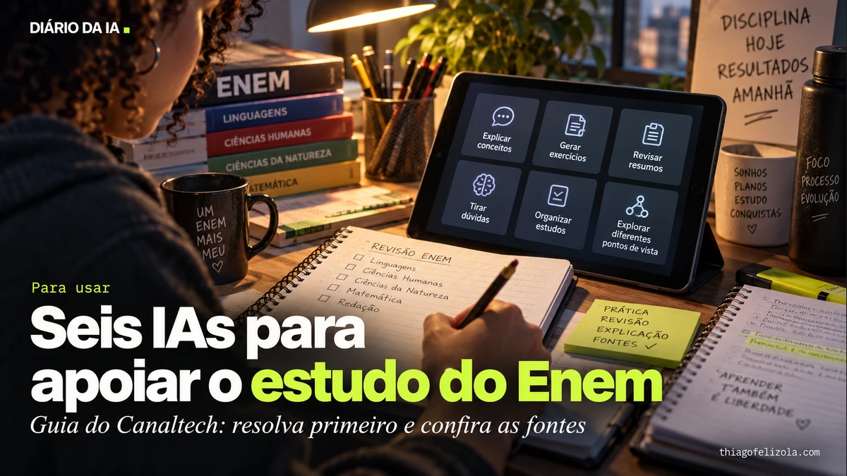 Estudante resolvendo exercícios do Enem em caderno com fichas de revisão e tablet, ilustrando o uso de IA como apoio ao estudo.