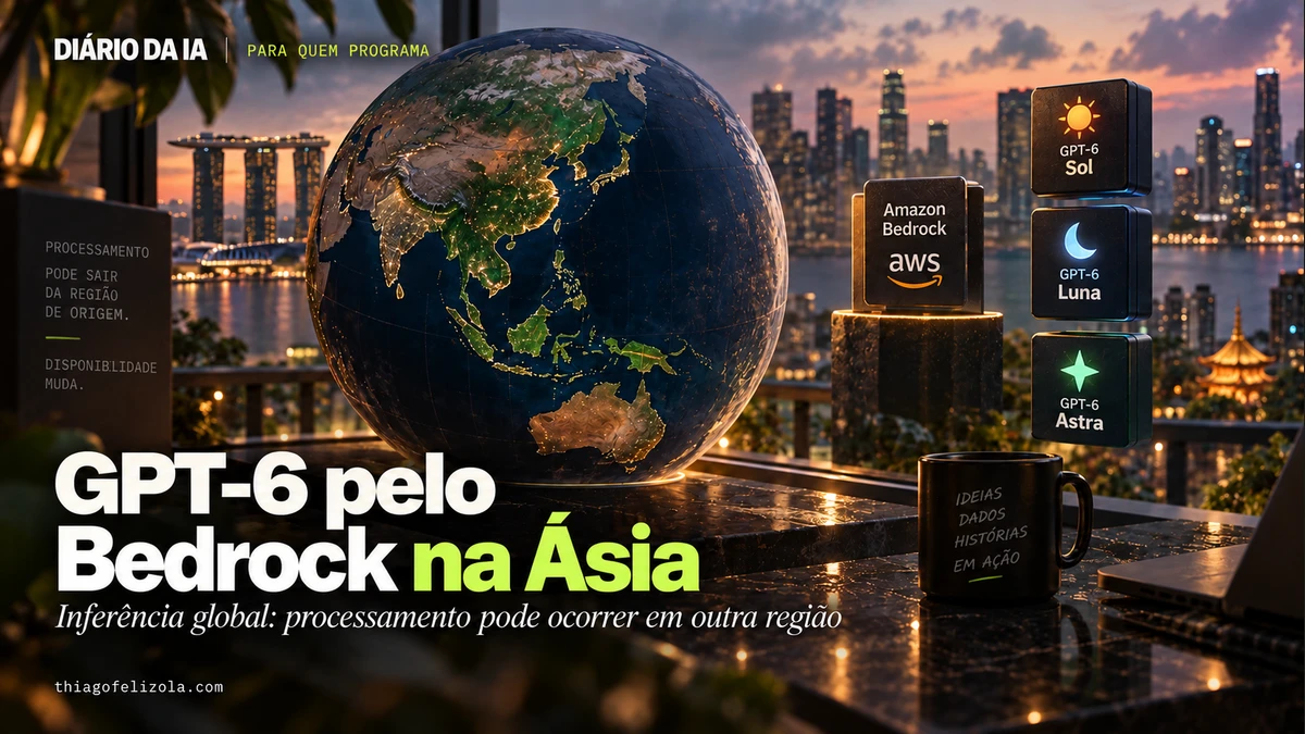 Globo conceitual focado na Ásia ao lado de módulos Amazon Bedrock e GPT-6 Sol, Luna e Astra, ilustrando a inferência global.