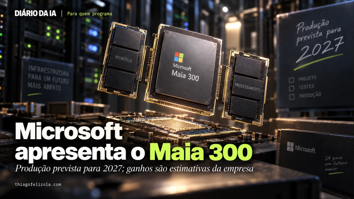 Acelerador conceitual Maia 300 com módulos separados e referência a 2027, ilustrando o chip anunciado pela Microsoft.