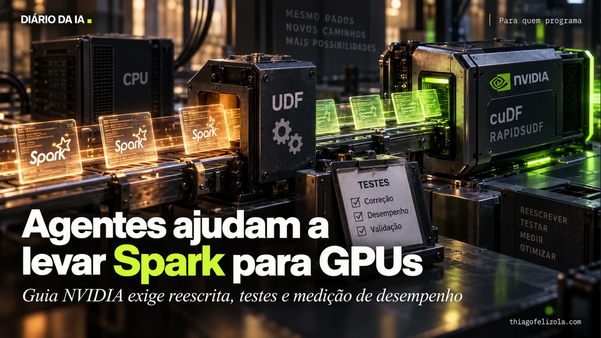 Fichas de dados Spark passam por módulo UDF e etapa de testes até uma GPU com cuDF, ilustrando o fluxo de reescrita proposto pela NVIDIA.
