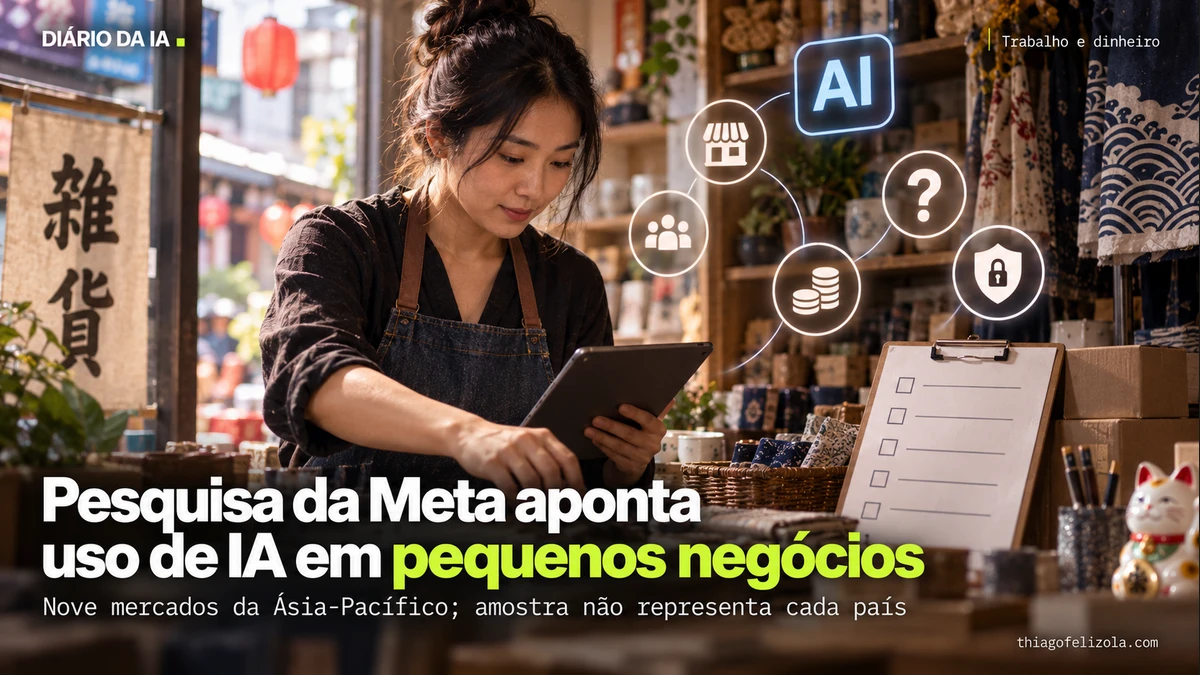 Ilustração de comerciante em pequena loja asiática com formulário de pesquisa e cartões de orientação sobre IA.
