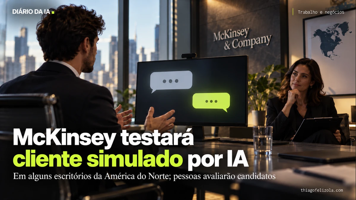 Ilustração de candidato em conversa simulada numa tela, acompanhado por entrevistadora humana com prancheta.