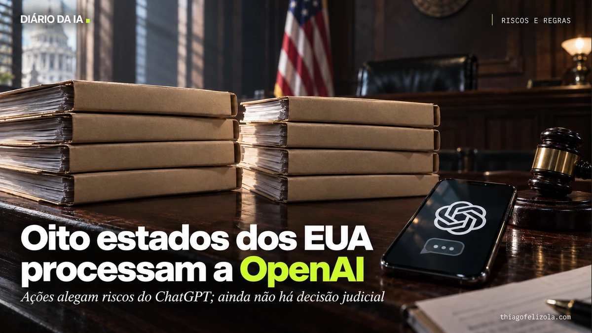 Oito pastas judiciais e um celular com símbolo de conversa representam os processos estaduais contra a OpenAI.