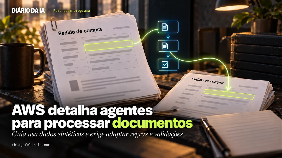 Ilustração de pedidos de compra com campos destacados e etapas de validação, representando o guia de agentes do Bedrock.