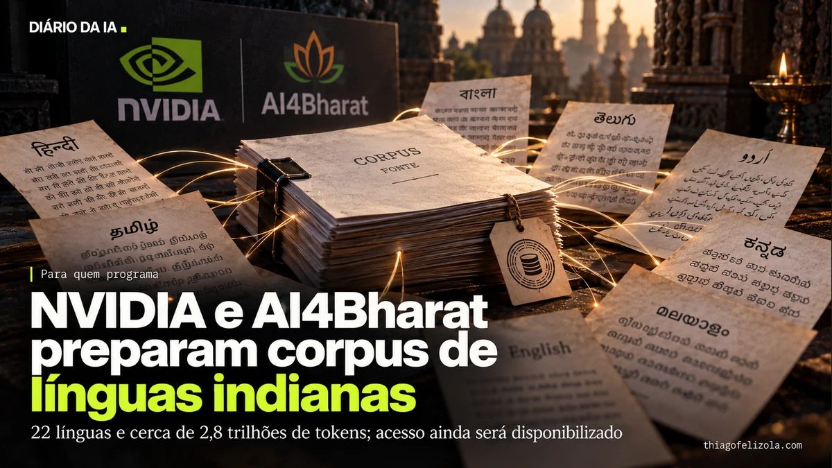 Ilustração de arquivo de documentos com escritas indianas e alfabeto latino conectados à fonte, representando o corpus da NVIDIA e AI4Bharat.