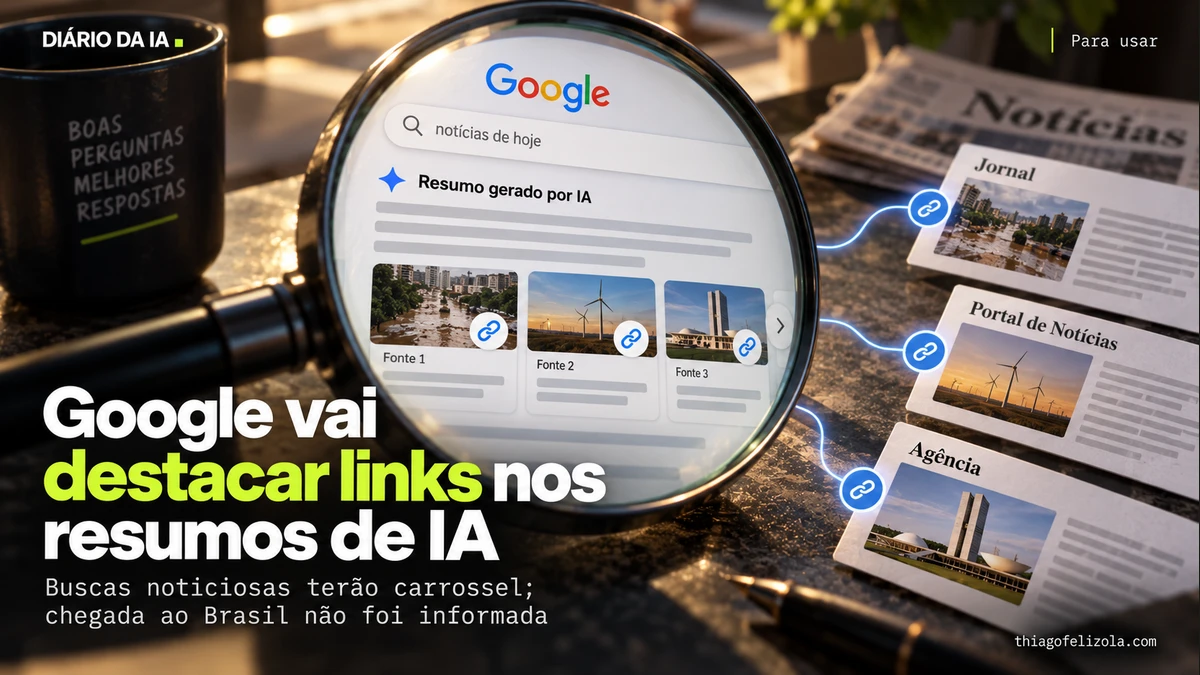 Ilustração de lupa e cartões de notícias ligados por elos, representando links para fontes nos resumos de IA do Google.