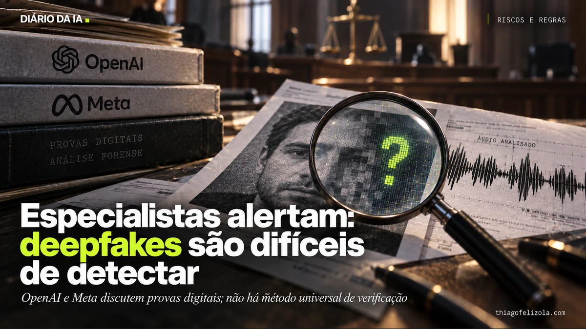 Ilustração de fotografia fictícia e onda de áudio sob lupa com interrogação, representando dúvidas na análise de provas digitais.