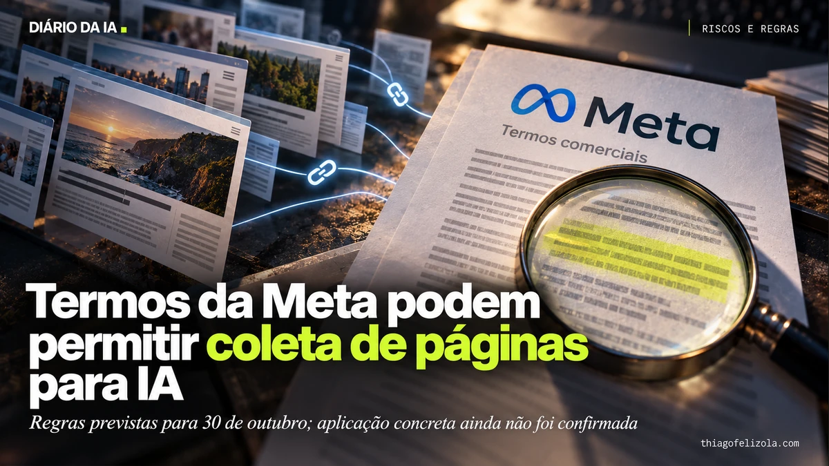 Ilustração de documento de termos sobre páginas de notícias conectadas a um arquivo, com marca Meta e lupa sobre uma cláusula.