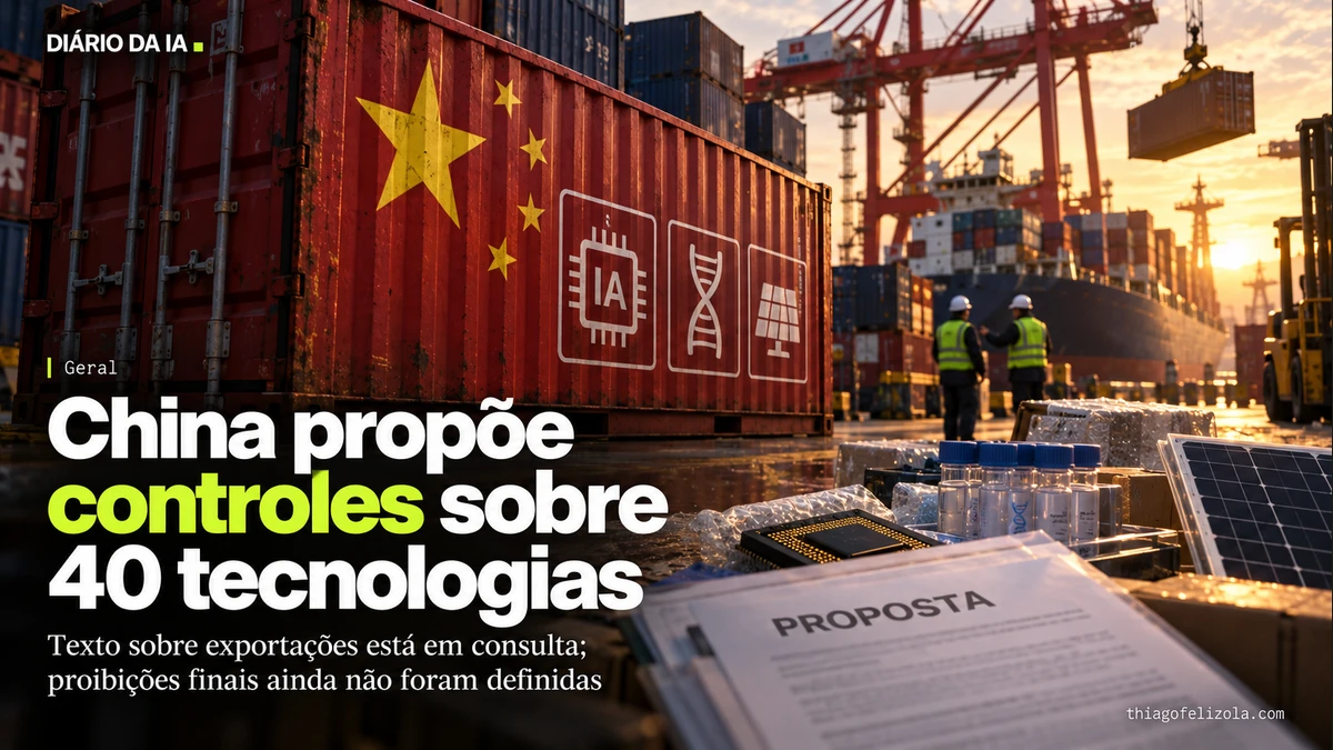 Ilustração de contêiner em porto chinês com símbolos de IA, biotecnologia e energia solar diante de uma proposta de controle de exportações.