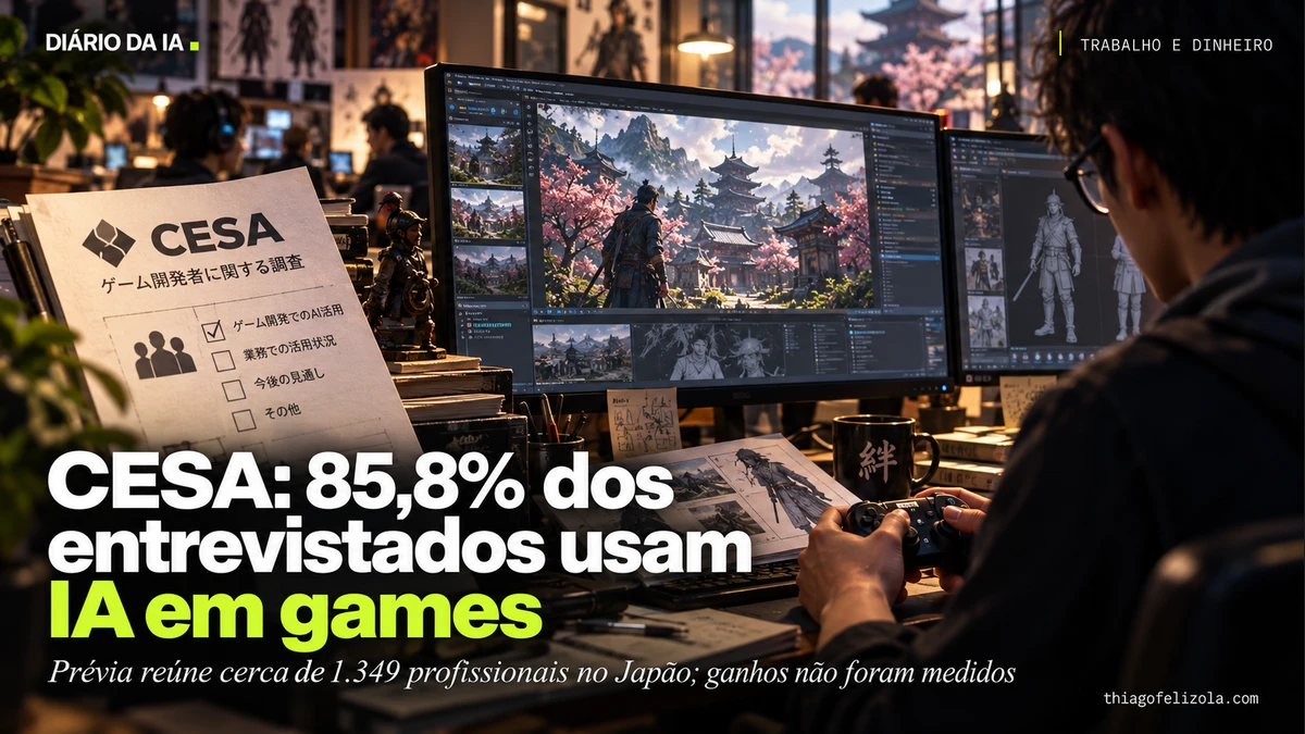 Ilustração de bancada de desenvolvimento de games com controle, storyboard e formulário de pesquisa da CESA no Japão.