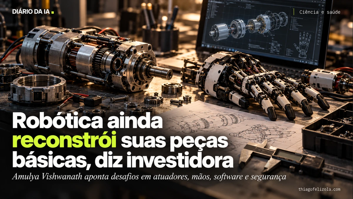Ilustração de bancada de robótica com atuador desmontado, articulações de mão mecânica e instrumentos de inspeção.