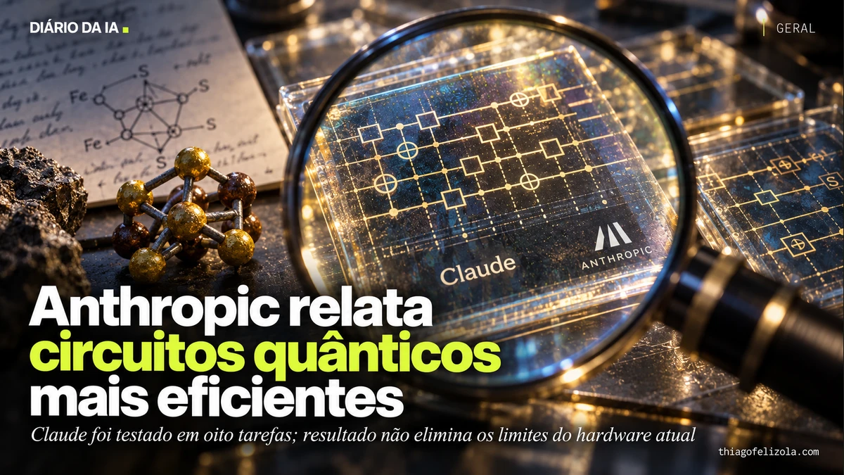 Ilustração de diagramas de circuitos quânticos compactados sob lente de verificação com identificação Claude e Anthropic.