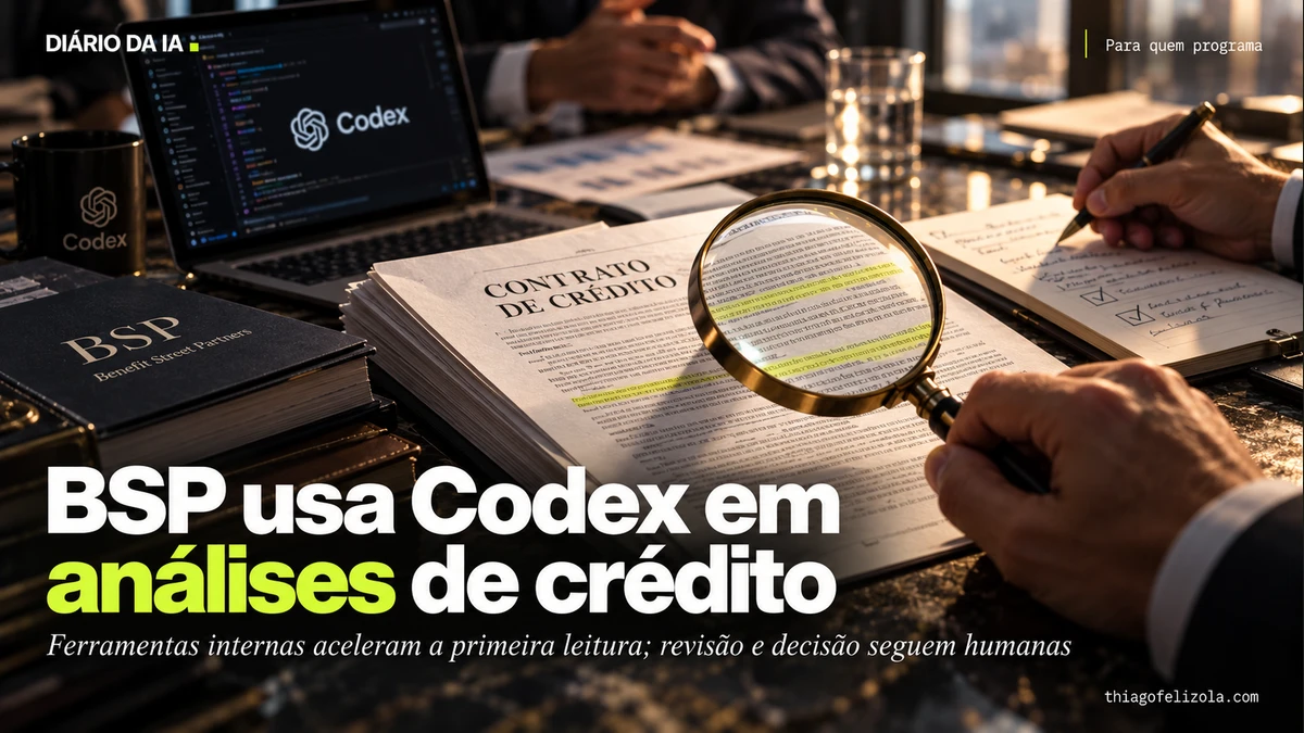 Ilustração de contrato de crédito com lupa e anotações humanas ao lado de ferramentas internas da BSP criadas com Codex.