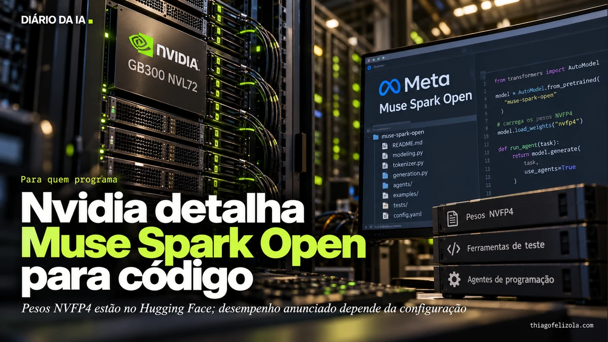 Ilustração de rack GB300 NVL72 conectado a arquivos de código do modelo Meta Muse Spark Open.