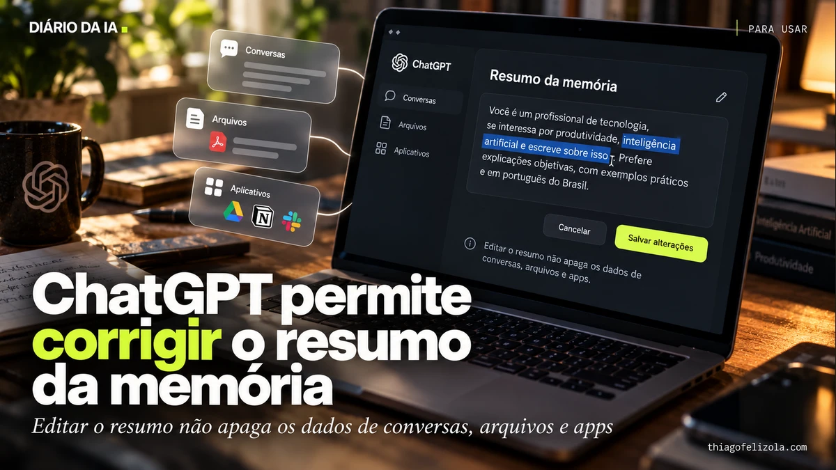 Ilustração de notebook com resumo de memória do ChatGPT em edição e cartões de conversas, arquivos e aplicativos ao lado.