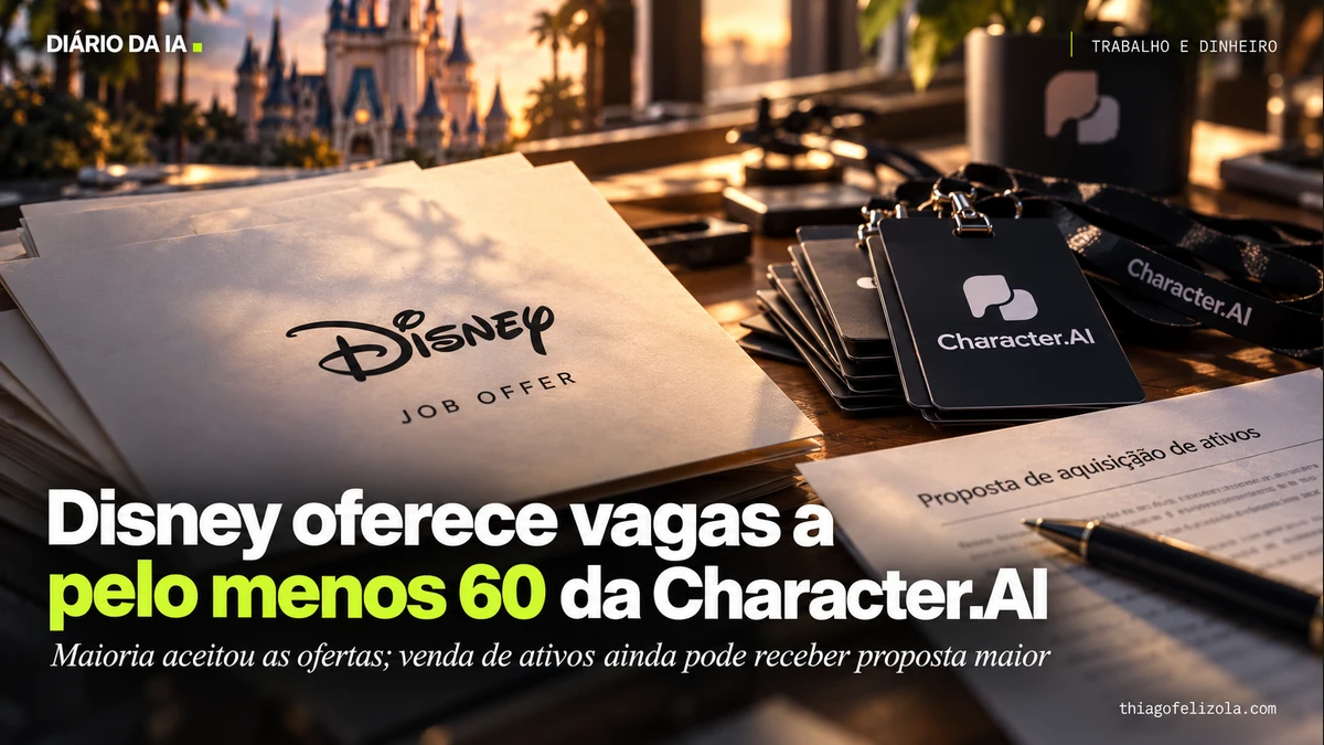 Ilustração de pastas de ofertas de emprego da Disney ao lado de cartões da equipe Character.AI e proposta de ativos em aberto.
