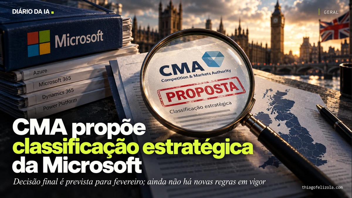 Ilustração de lupa sobre módulos de software da Microsoft ao lado de documento da CMA identificado como proposta.