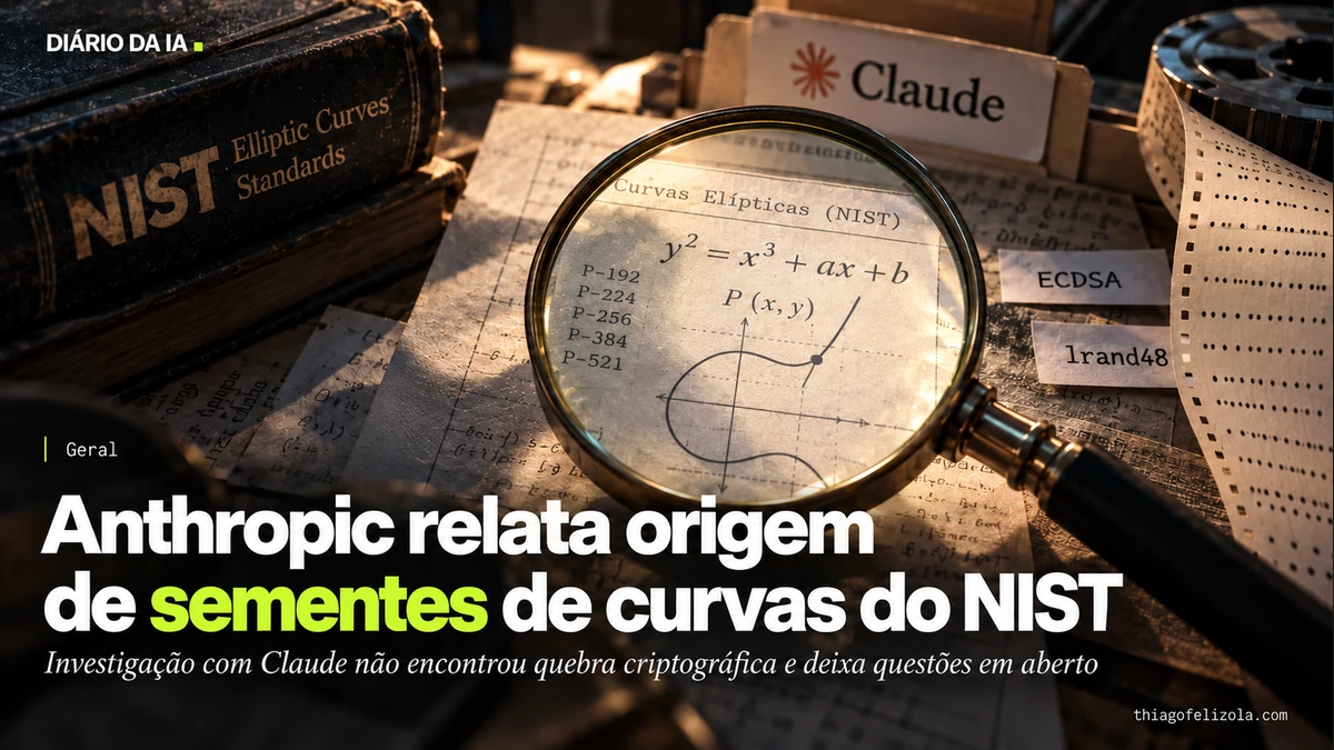 Ilustração de lupa sobre parâmetros de curvas ECDSA e registros de timestamps, com referências a Claude e lrand48.