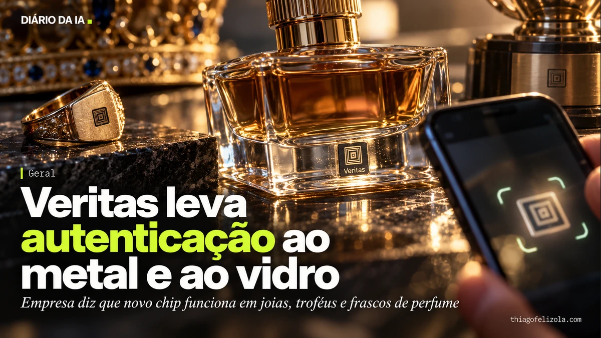 Ilustração de chip Veritas na base de um frasco de vidro, com anel metálico, troféu e celular aproximado para leitura.