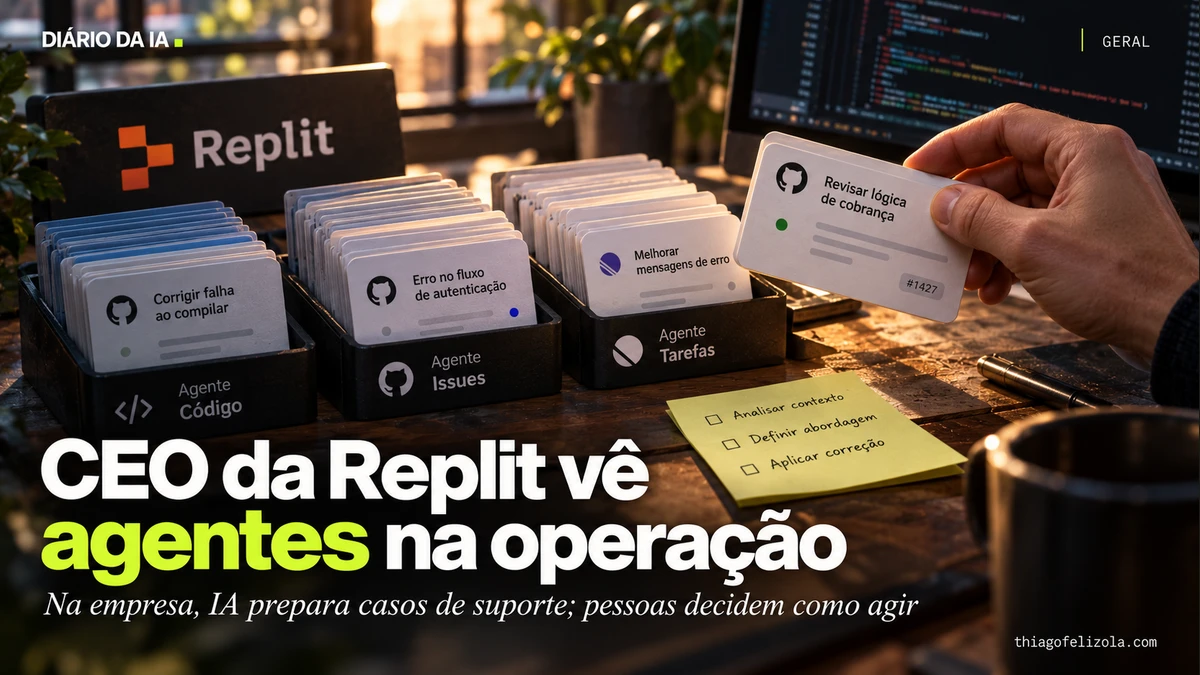Ilustração de cartões de suporte da Replit reunindo código e tarefas diante de uma mão humana que decide o próximo passo.