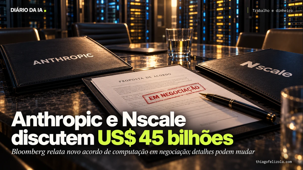 Ilustração de pastas Anthropic e Nscale com proposta de computação marcada em negociação diante de racks de servidores.