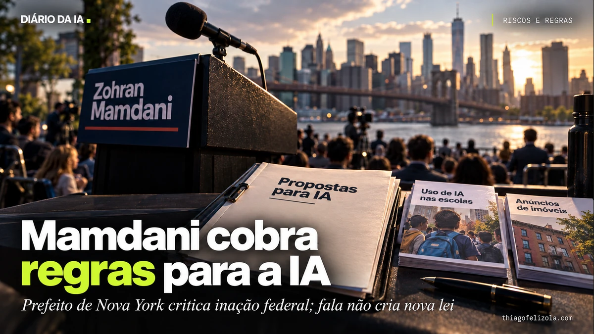 Ilustração de microfone de debate em Manhattan com placa Zohran Mamdani, pasta de propostas para IA e cartões de escola e imóvel.