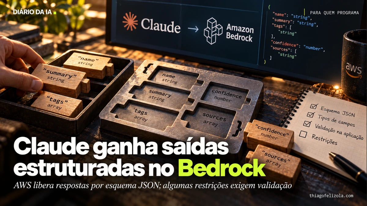 Ilustração de blocos JSON encaixados em esquema com nomes Claude e Amazon Bedrock e checklist de validação da aplicação.