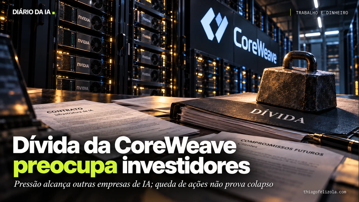 Ilustração de racks de GPUs da CoreWeave com pastas de dívida e contratos futuros de clientes sobre mesa de análise.