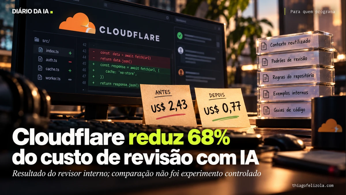 Ilustração de revisão de código da Cloudflare com fichas de custo médio de US$ 2,43 e US$ 0,77 e blocos de contexto reutilizados.