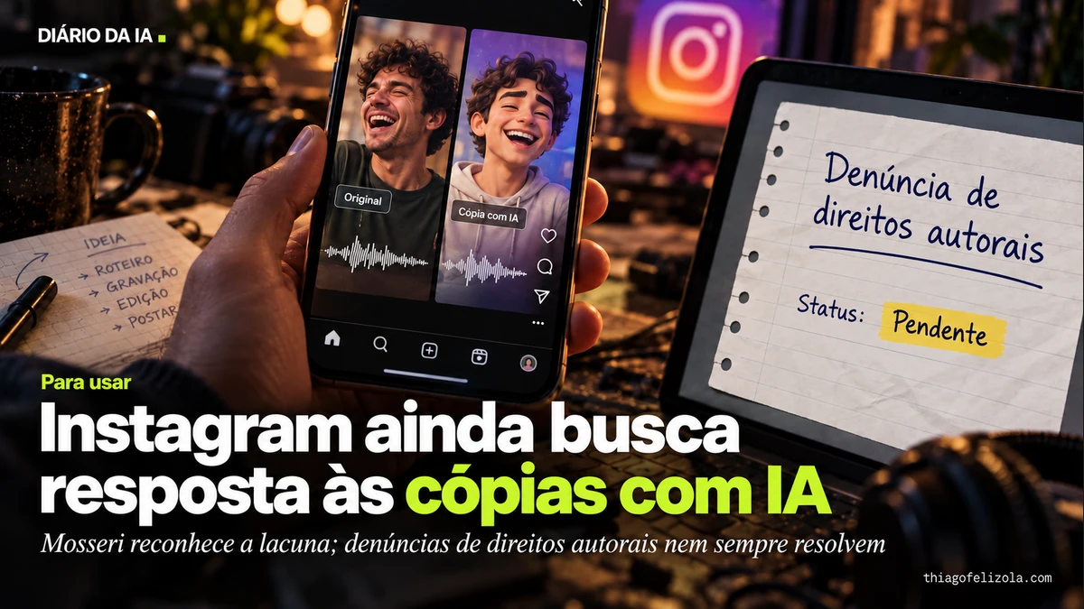 Ilustração de vídeo original e cópia com avatar de IA em celular, com ondas de áudio iguais e denúncia pendente.