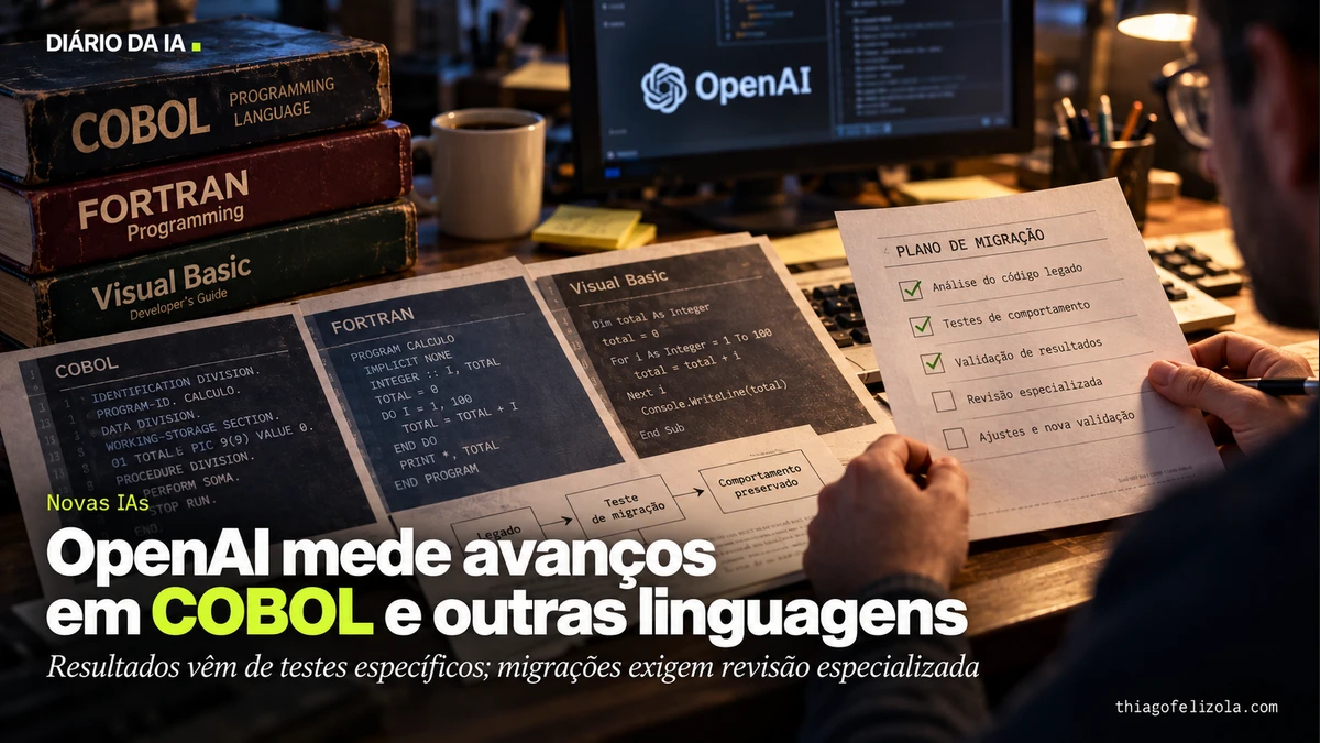 Ilustração de listagens COBOL, Fortran e Visual Basic e cartões de testes de migração sob revisão humana.